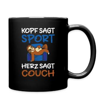 Kopf sagt Sport, Herz sagt Couch - Tasse einfarbig - Schwarz - Rechts
