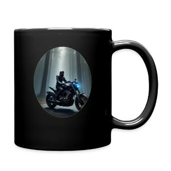 Biker im geheimnisvollen Cyberpunk Wald - Tasse einfarbig - Schwarz - Rechts