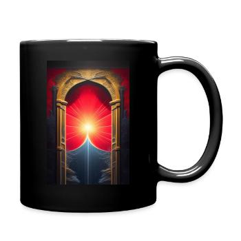 Sonnenaufgang hinter roten Vorhang - Tasse einfarbig - Schwarz - Rechts