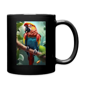 Ein bunter Papagei sitzt auf einem Ast und schaut - Tasse einfarbig - Schwarz - Rechts