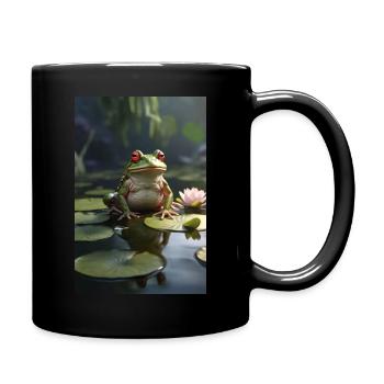 Ein Frosch sitzt auf einer Seerose im Teich - Tasse einfarbig - Schwarz - Rechts