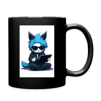 Chat gamer aux cheveux bleus, sweat-shirt et lunettes de soleil. - Mug uni - noir - Droite