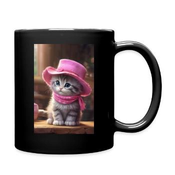 Süßes Kätzchen mit rosa Hut - Tasse einfarbig - Schwarz - Rechts