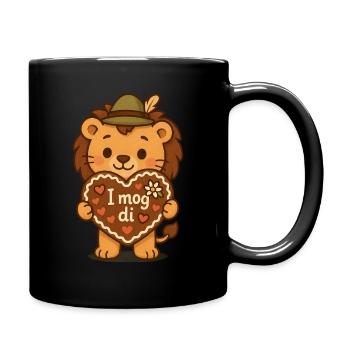 Kawaii Löwe mit Lebkuchenherz „I mog di“ - Tasse einfarbig - Schwarz - Rechts