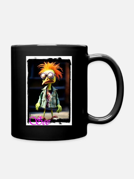 Colorful bird doll with glass eyes denim jacket orange - Full Colour Mug - black