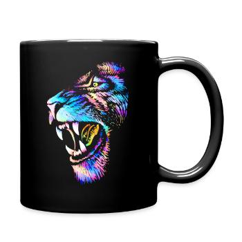 Löwe - Löwenkopf - Bunter Katzenkopf Wildkatze - Tasse einfarbig - Schwarz - Rechts
