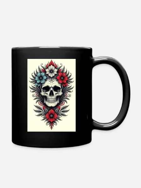 Flower Skull Tattoo Style - Full Colour Mug - black