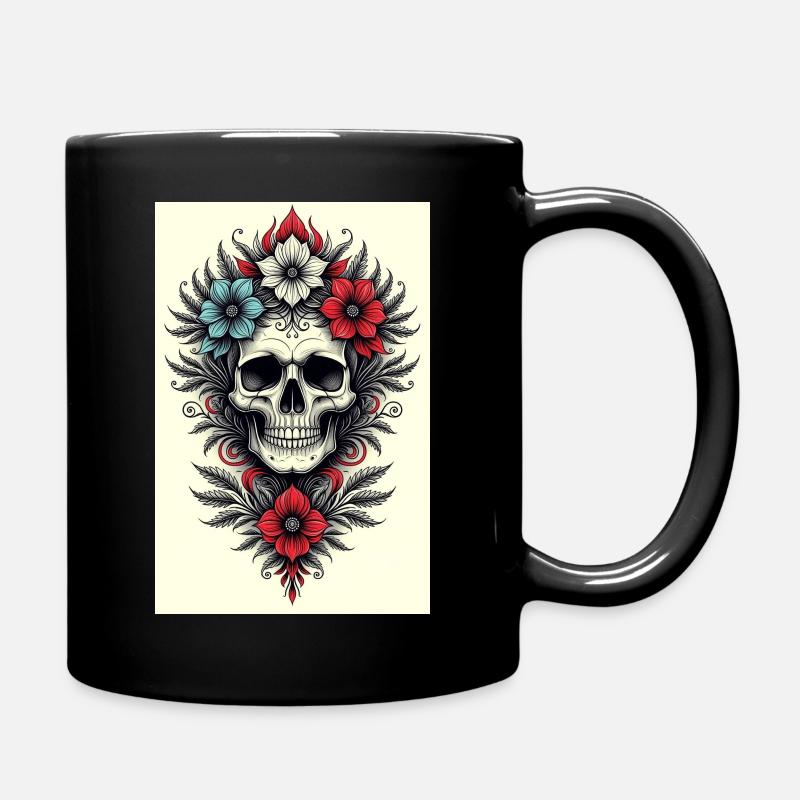 Flower Skull Tattoo Style - Full Colour Mug - black
