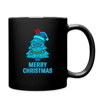 Blue cartoon Christmas tree with glasses - Full Colour Mug - black - Right