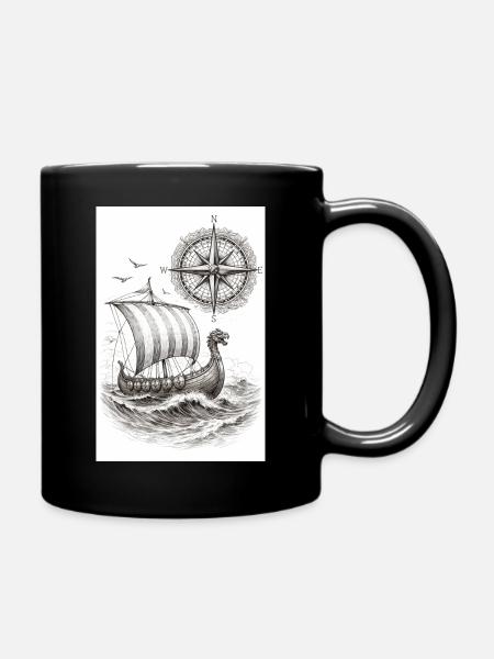 Compass Viking Sailing Ship - Full Colour Mug - black