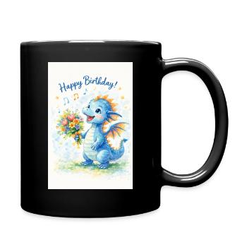 Blauer Drache mit Blumenstrauß - Tasse einfarbig - Schwarz - Rechts