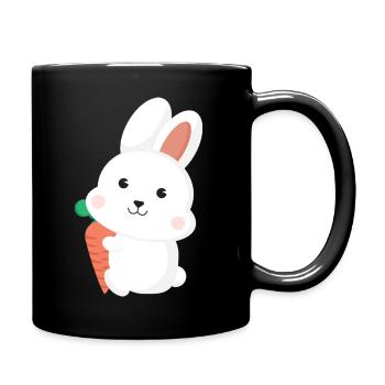 Cute White Bunny Rabbit Holding Carrot Cartoon Art - Tasse einfarbig - Schwarz - Rechts