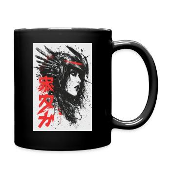 Futuristic Ink Portrait with Red Kanji - Full Colour Mug - black - Right
