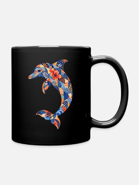 Patchwork-Delfin mit Blumenkraft - Tasse einfarbig - Schwarz