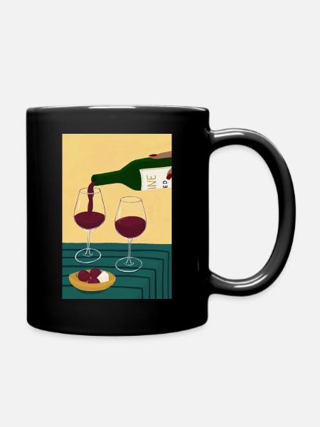 Weinabend zu zweit: Gläser & Käse - Tasse einfarbig - Schwarz