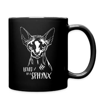 Loved by a Sphynx Katzenspruch Katze Wilsigns - Tasse einfarbig - Schwarz - Rechts