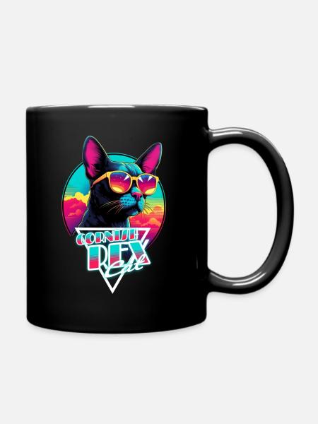 Retro Wave Cornish Rex Cat Miami Shirt - Full Colour Mug - black