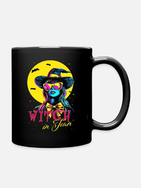 Witch in Town, Halloween Witches Design Neon Color - Full Colour Mug - black