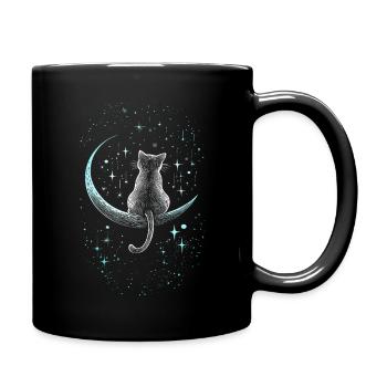 Chaton chat assis sur la lune sous les étoiles - Mug uni - noir - Droite