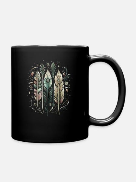 Bunte Federn, Boho, Ethno, Style, Indianer, Muster - Tasse einfarbig - Schwarz