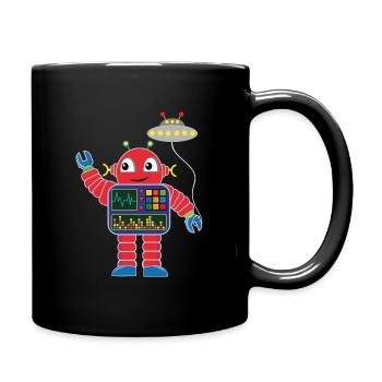 Kleiner roter Roboter mit Raumschiff - Tasse einfarbig - Schwarz - Rechts