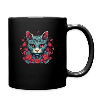Katze umgeben von roter Rose - Tasse einfarbig - Schwarz - Rechts