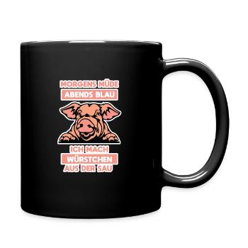 Morgens müde abends blau ich mach Würstchen - Tasse einfarbig - Schwarz - Rechts