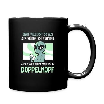 in Wirklichkeit denke ich an Doppelkopf - Tasse einfarbig - Schwarz - Rechts