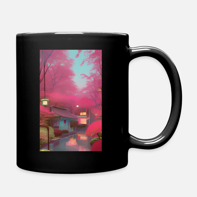 Japanese Temple and Sakura - Full Colour Mug - black