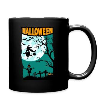 Halloween mit Hexe Vollmond Kürbissen und Friedhof - Tasse einfarbig - Schwarz - Rechts