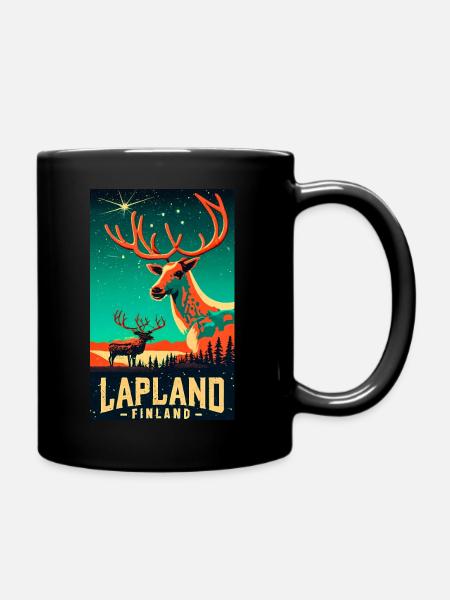 Reindeer and Northern Lights in Lapland Finland - Full Colour Mug - black