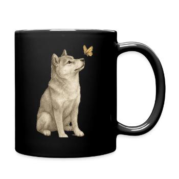 Shiba Inu mit Schmetterling Vintage Art - Tasse einfarbig - Schwarz - Rechts