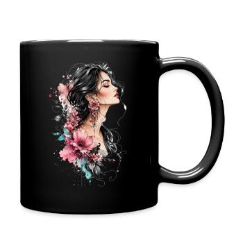 Woman's profile with flower earring - Full Colour Mug - black - Right
