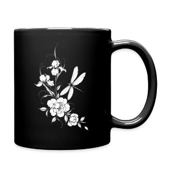 Flowers and Dragonfly Black White - Full Colour Mug - black - Right