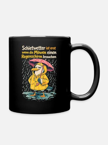 Schietwetter Möwe im Friesennerz | Lustiges Design - Tasse einfarbig - Schwarz