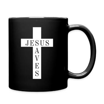 Cross with the phrase Jesus Saves - Full Colour Mug - black - Right