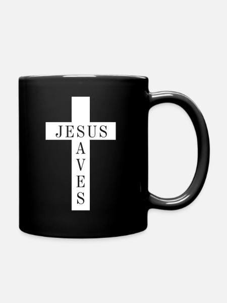Kreuz mit dem Satz Jesus rettet - Tasse einfarbig - Schwarz