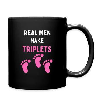 Real men make triplets funny with pink baby feet - Full Colour Mug - black - Right