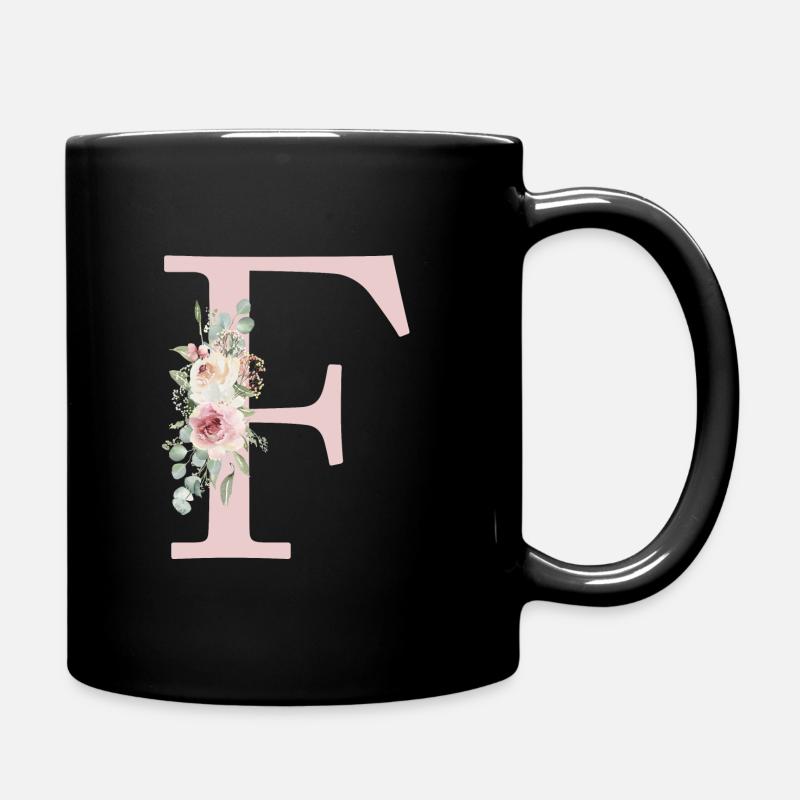 F| Monogramm | Eukalyptus-Pastell-Blumen-Blau - Tasse einfarbig - Schwarz