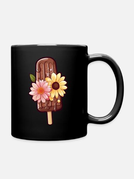 Ice cream on style with flowers - Full Colour Mug - black
