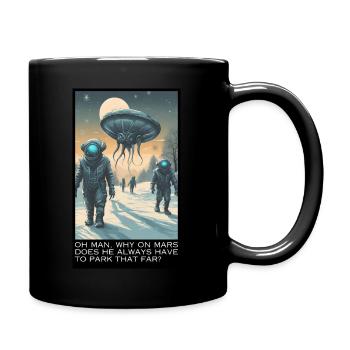 Aliens & Parkplatzprobleme mit Ufos - Tasse einfarbig - Schwarz - Rechts