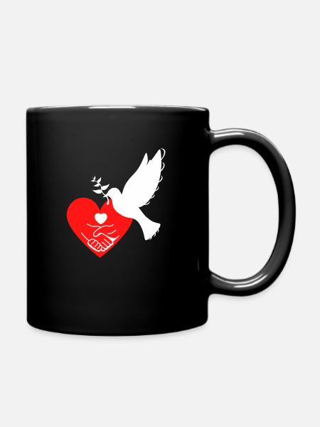 Dove of Peace with heart and hands - Freedom 💚 - Full Colour Mug - black