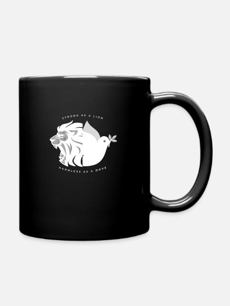 Strong and harmless, lion, dove - Full Colour Mug - black