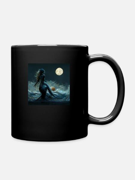 stormy mermaid looks at the full moon realistic - Mug uni - noir