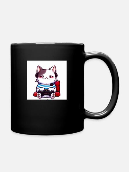 Kaweii cat playing computer games digital art - Full Colour Mug - black