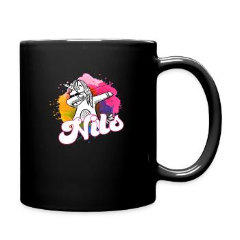 NILS - Beautiful Boy Name with Cool Unicorn - Full Colour Mug - black - Right