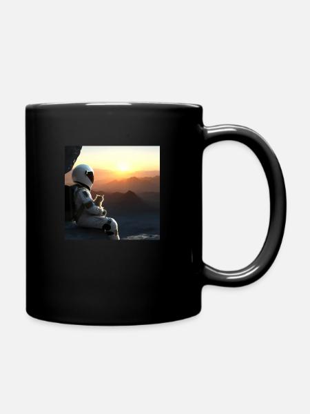 Astronaut mit Katze betrachten den Sonnenuntergang - Tasse einfarbig - Schwarz