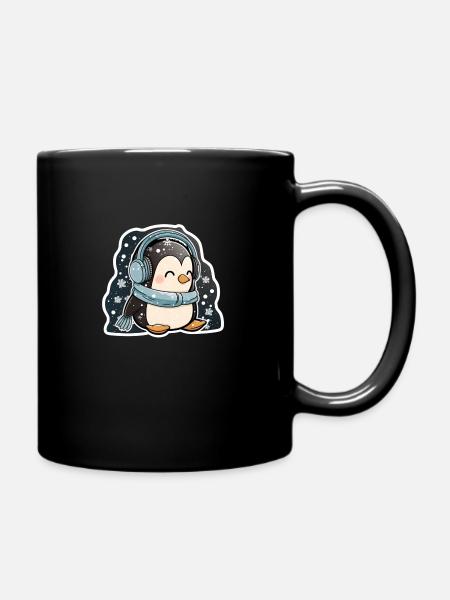 Cute Little Penguin with snowflakes sitting - Full Colour Mug - black