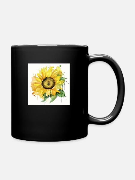 Hand-drawn watercolor Sunflower - Full Colour Mug - black