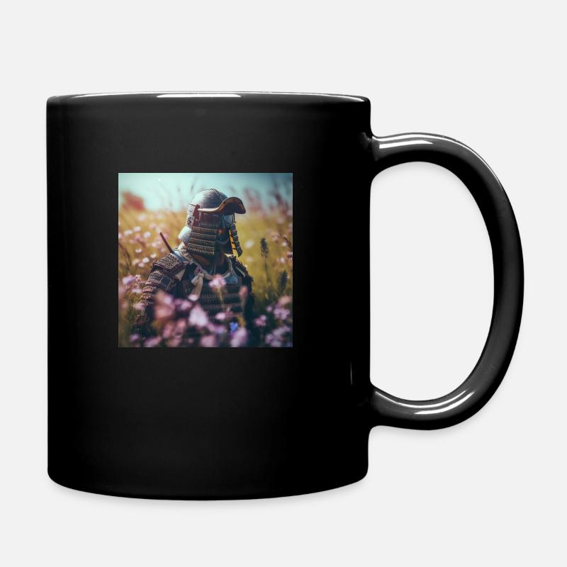 Samurai in Flower Field -Warrior in Armor - Full Colour Mug - black